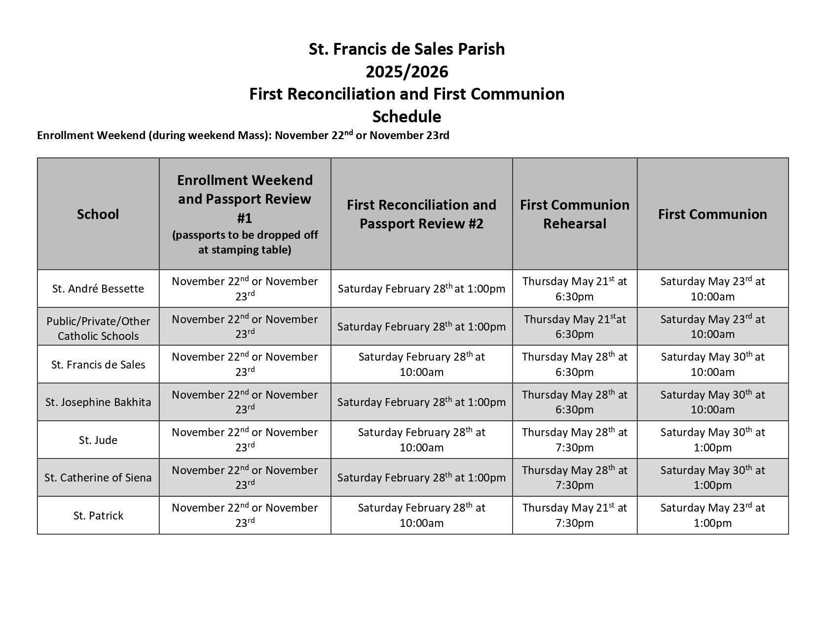 first communion schedule
